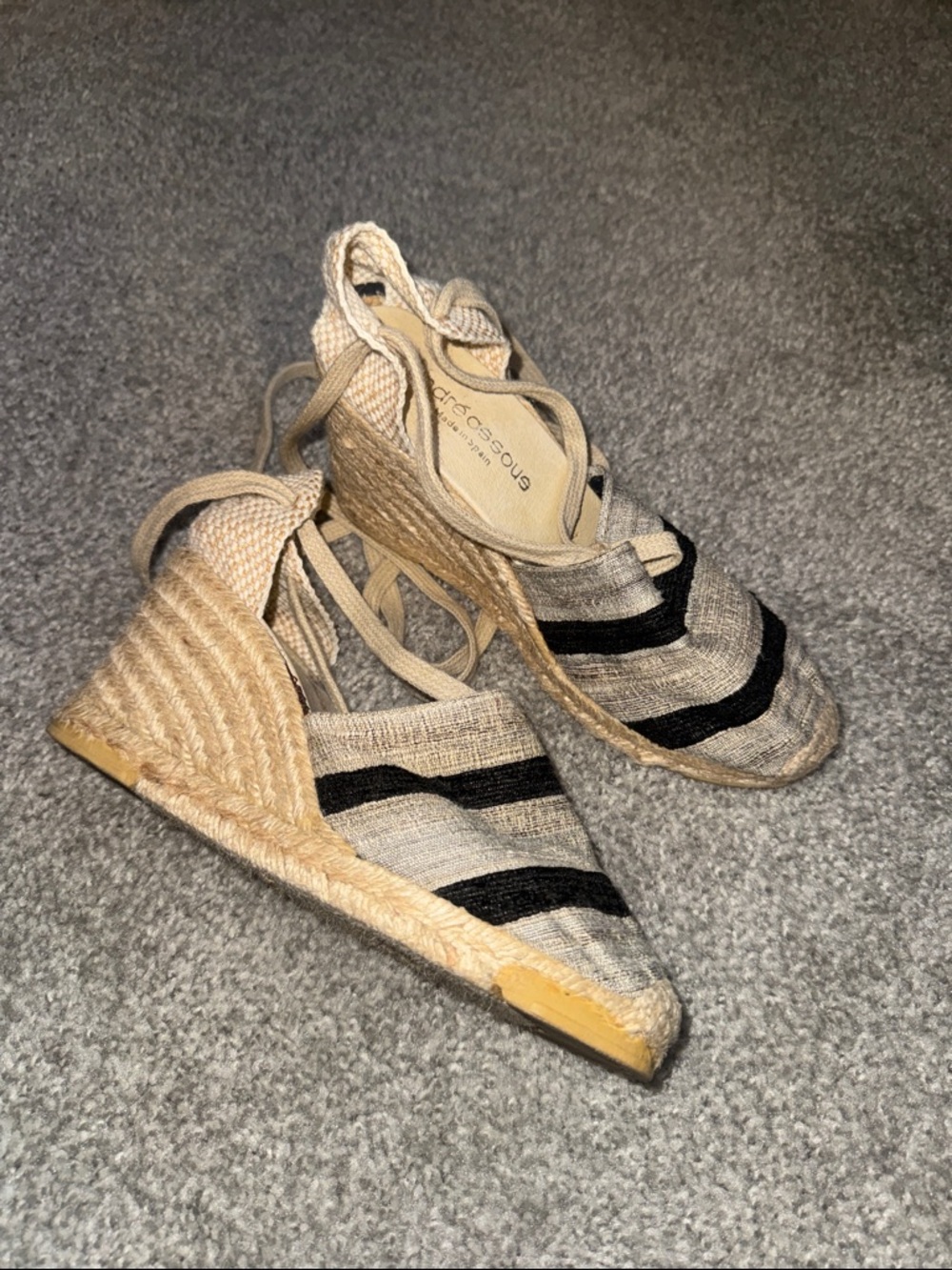 Andre Assous Beige and Black Striped Espadrille Wedges
